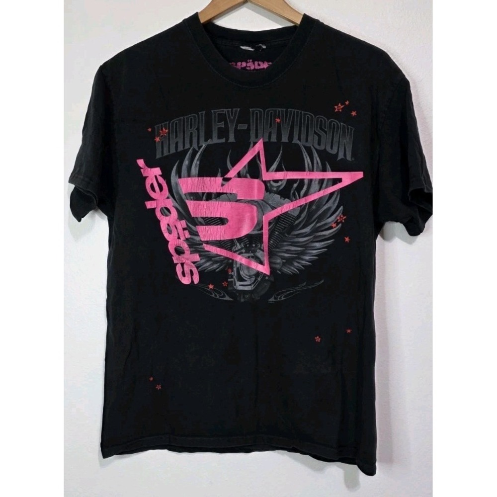 Rare Sp5der Tshirt Men M Black Pink Harley Davidson Hampton Moto Grunge EUC